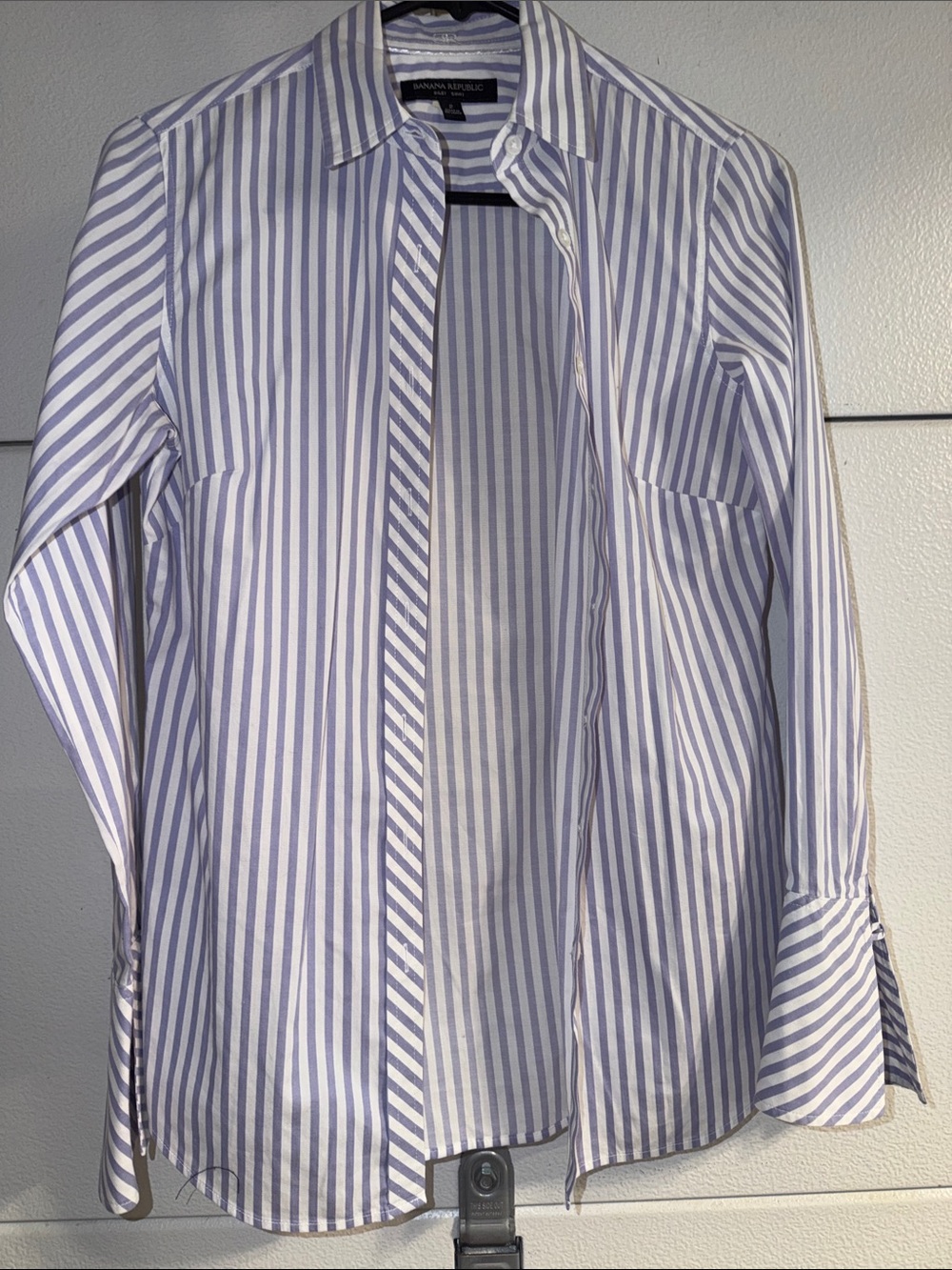 Banana Republic Women’s White and Light Blue Vertical Stripe Dress Shirt